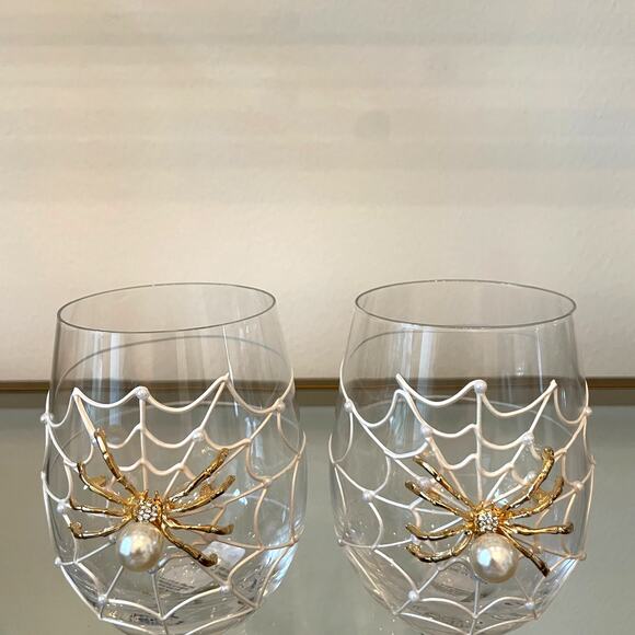 Gorgeous Halloween Jeweled Spider on Web w/ Pearl Stemless Wine Glass Set of 2 - Picture 13 of 15